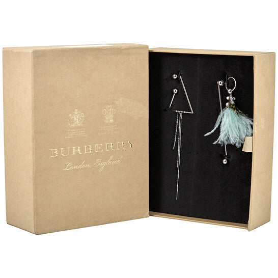 Original Burberry Ladies Asymmetrical Ostrich Feather and  Chain Drop Earrings