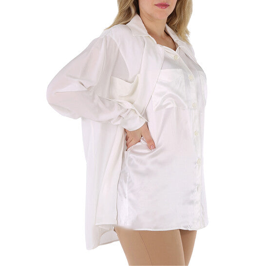 Original Burberry Ladies Optic White Logo Applique Silk Satin Oversized Shirt