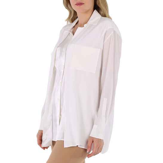 Original Burberry Ladies Optic White Logo Applique Silk Satin Oversized Shirt