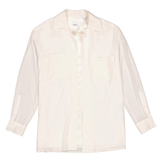 Original Burberry Ladies Optic White Logo Applique Silk Satin Oversized Shirt