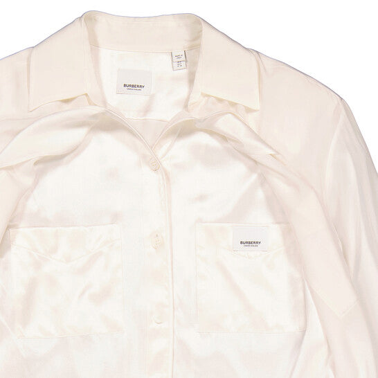 Original Burberry Ladies Optic White Logo Applique Silk Satin Oversized Shirt