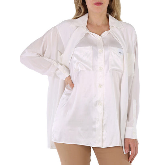 Original Burberry Ladies Optic White Logo Applique Silk Satin Oversized Shirt