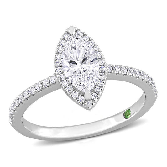 Original Created Forever 1 1/2 CT TW Marquise & Round Lab Created Diamond with Tsavorite Accent Halo Engagement Ring in 14k White Gold