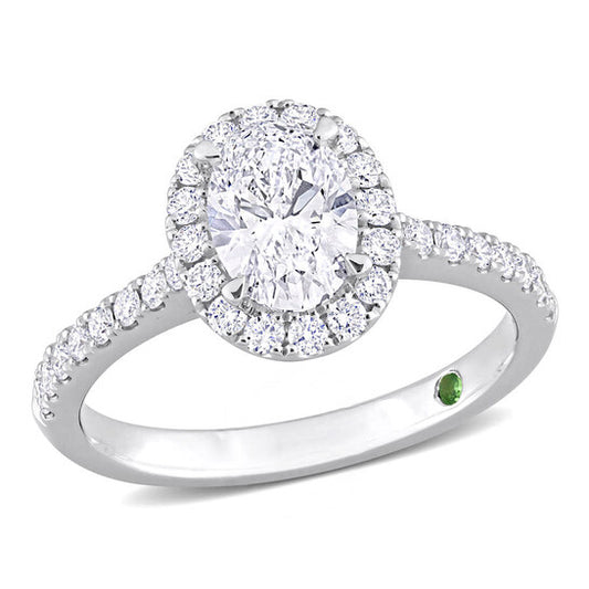 Original Created Forever 1 1/2 CT TW Oval & Round Lab Created Diamond with Tsavorite Accent Halo Engagement Ring in 14k White Gold