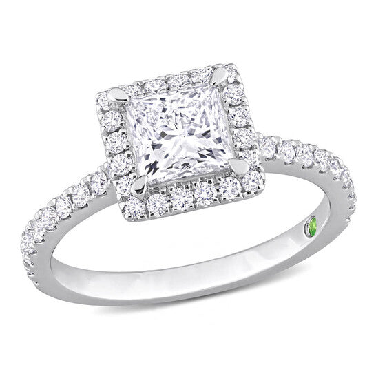 Original Created Forever 1 1/2 CT TW Princess & Round Lab Created Diamond with Tsavorite Accent Halo Engagement Ring in 14k White Gold