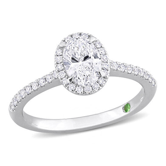 Original Created Forever 1 CT TW Oval & Round Lab Created Diamond with Tsavorite Accent Halo Engagement Ring in 14k White Gold