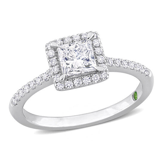 Original Created Forever 1 CT TW Princess & Round Lab Created Diamond with Tsavorite Accent Halo Engagement Ring in 14k White Gold