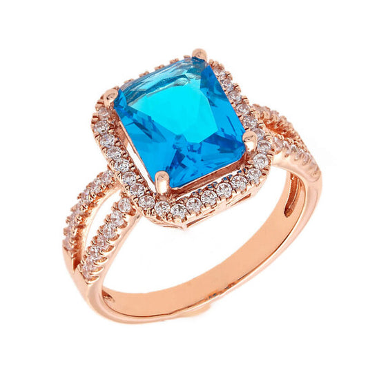 Original Elegant Confetti Women's 18K Rose Gold Plated Blue CZ Simulated Cushion Diamond Halo Statement Cocktail Ring