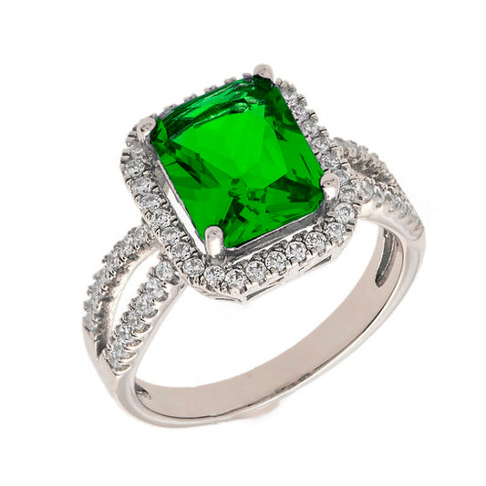 Original Elegant Confetti Women's 18K White Gold Plated Green CZ Simulated Cushion Diamond Halo Statement Cocktail Ring