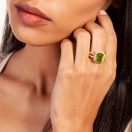 Original Elegant Confetti Women's 18K Yellow Gold Plated Light Green CZ Simulated Cushion Diamond Halo Statement Cocktail Ring