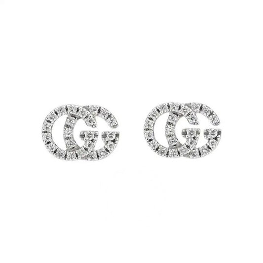 Original Gucci GG Running White Gold Pave Diamond Stud Earrings