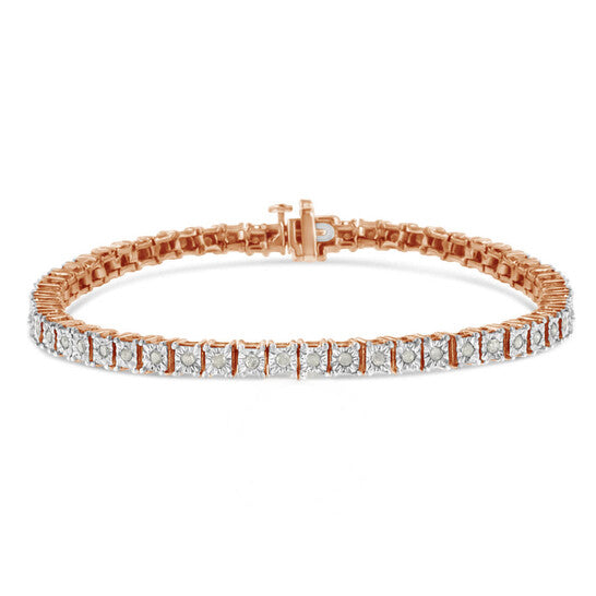 Original Haus of Brilliance 10K Rose Gold over .925 Sterling Silver 1.0 Cttw Diamond Square Frame Miracle-Set Tennis Bracelet (I-J Color, I3 Clarity) - 8"