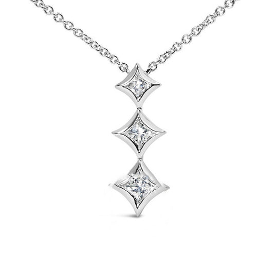 Original Haus of Brilliance 10K White Gold 1/5 Cttw Princess Cut Diamond 3 Stone Drop 18" Pendant Necklace (H-I Color, SI2-I1 Clarity)