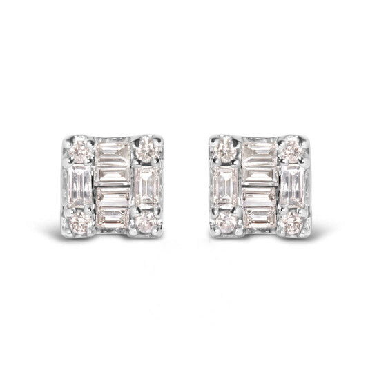 Original Haus of Brilliance 10K White Gold 1/7 Cttw Round and Baguette Diamond Mosaic Square Stud Earrings (H-I Color, I1-I2 Clarity)