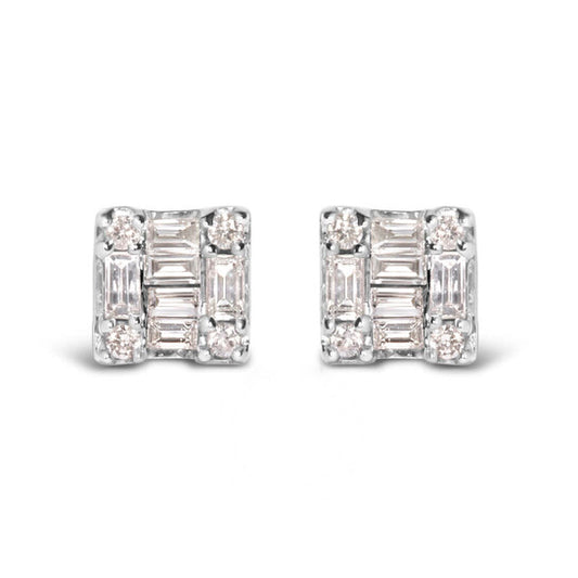 Original Haus of Brilliance 10K White Gold 1/7 Cttw Round and Baguette Diamond Mosaic Square Stud Earrings (H-I Color, I1-I2 Clarity)