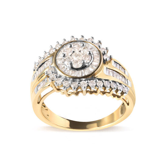 Original Haus of Brilliance 10K Yellow Gold 1 Cttw Round and Baguette cut Diamond Cluster Swirl Band Ring (H-I Color, I1-I2 Clarity)