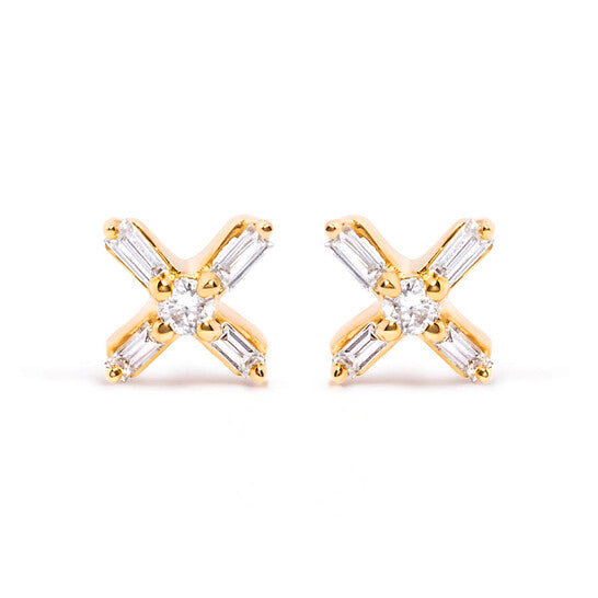 Original Haus of Brilliance 10K Yellow Gold 1/10 Cttw Round and Baguette Diamond Criss Cross X Stud Earring (H-I Color, I1-I2 Clarity)