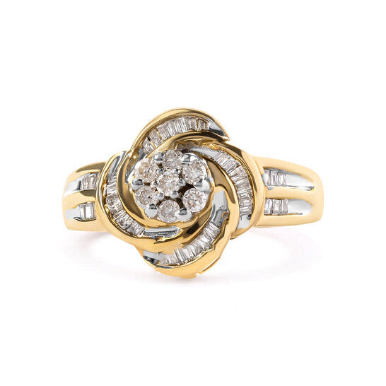 Original Haus of Brilliance 10K Yellow Gold 1/2 Cttw Round and Baguette Diamond Flower Swirl Cocktail Ring (I-J Color, SI2-I1 Clarity)