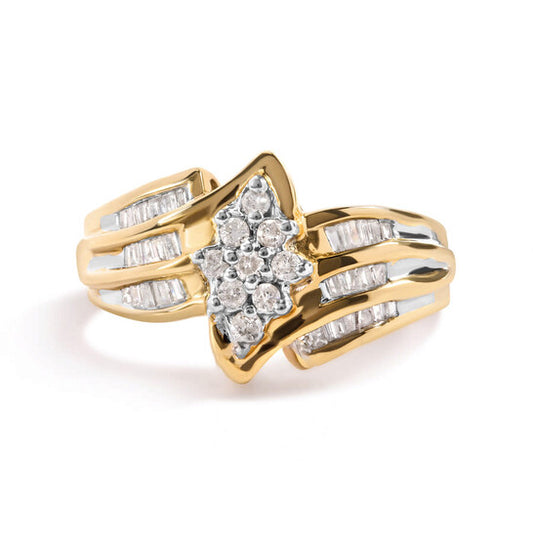 Original Haus of Brilliance 10K Yellow Gold 1/2 Cttw Round And Baguette-cut Diamond Cluster Head and Channel Set Shank Ring (H-I Color, I1-I2 Clarity)