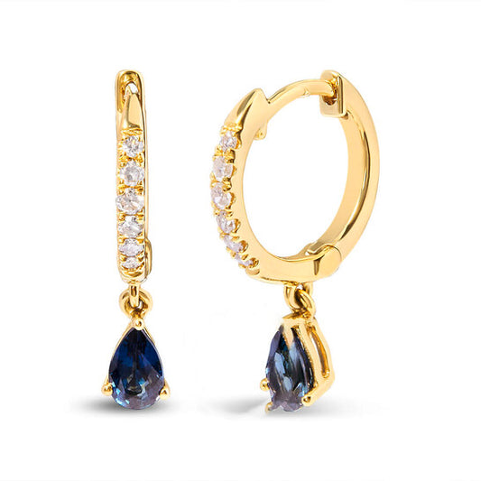 Original Haus of Brilliance 10K Yellow Gold Pear Blue Sapphire and 1/10 Cttw Diamond Drop and Dangle Huggy Hoop Earrings (H-I Color, I1-I2 Clarity)