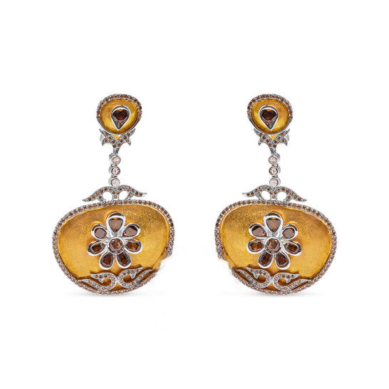 Original Haus of Brilliance 14K White and Yellow Gold 5 1/4 Cttw Rose Cut Diamond Matte Finished Medallion Dangle Earring (Fancy Color, I1-I2 Clarity)