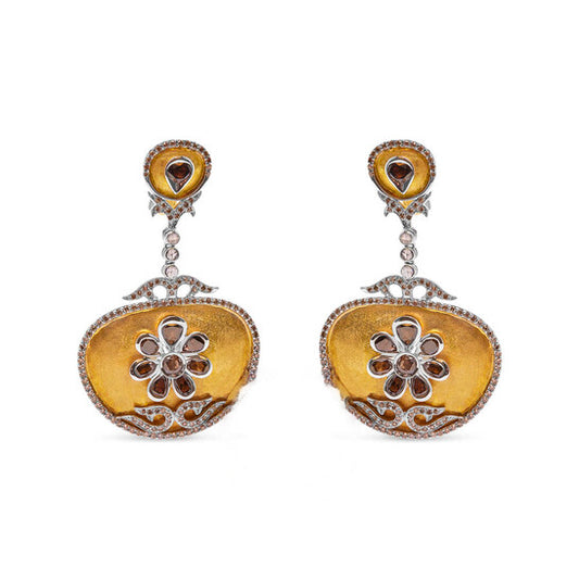 Original Haus of Brilliance 14K White and Yellow Gold 5 1/4 Cttw Rose Cut Diamond Matte Finished Medallion Dangle Earring (Fancy Color, I1-I2 Clarity)