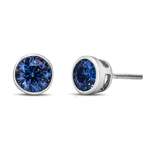 Original Haus of Brilliance 14K White Gold 1.0 Cttw Blue Lab-Grown Diamond Screw-Back Classic Bezel Solitaire Stud Earrings (Blue Color, VS2-SI1 Clarity)