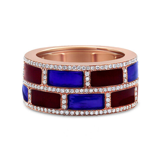 Original Haus of Brilliance 18K Rose Gold Alternating Red and Blue Enamel and 1/2 Cttw Diamond Studded Band Ring (F-G , VS1-VS2) - Ring Size 7