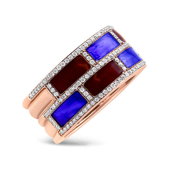 Original Haus of Brilliance 18K Rose Gold Alternating Red and Blue Enamel and 1/2 Cttw Diamond Studded Band Ring (F-G , VS1-VS2) - Ring Size 7