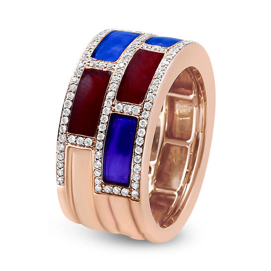 Original Haus of Brilliance 18K Rose Gold Alternating Red and Blue Enamel and 1/2 Cttw Diamond Studded Band Ring (F-G , VS1-VS2) - Ring Size 7