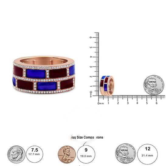 Original Haus of Brilliance 18K Rose Gold Alternating Red and Blue Enamel and 1/2 Cttw Diamond Studded Band Ring (F-G , VS1-VS2) - Ring Size 7