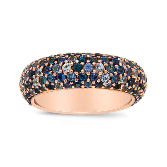 Original Haus of Brilliance 18K Rose Gold Multi Row Blue Sapphire Domed Top Band Ring - Ring Size 7