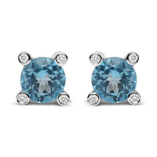 Original Haus of Brilliance 18K White Gold 1/10 Cttw Round Bezel Diamond and 10x10mm Round Sky Blue Topaz Gemstone Stud Earrings