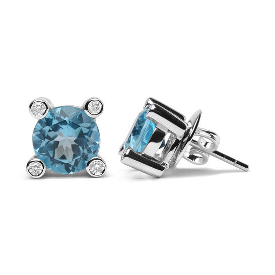 Original Haus of Brilliance 18K White Gold 1/10 Cttw Round Bezel Diamond and 10x10mm Round Sky Blue Topaz Gemstone Stud Earrings