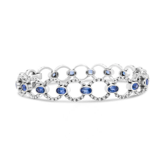 Original Haus of Brilliance 18K White Gold 6 Cttw Diamond and 5x3mm Oval Blue Sapphire Openwork Circle Link Bracelet - Size 7"