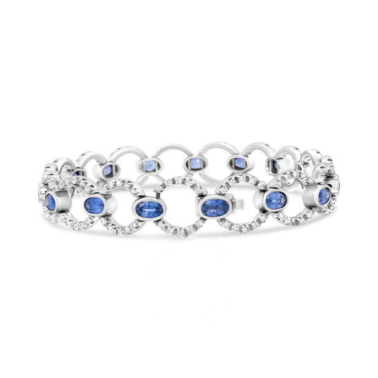 Original Haus of Brilliance 18K White Gold 6 Cttw Diamond and 5x3mm Oval Blue Sapphire Openwork Circle Link Bracelet - Size 7"