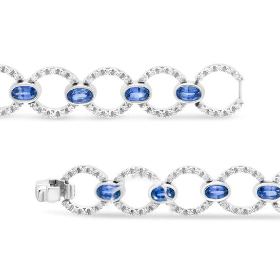 Original Haus of Brilliance 18K White Gold 6 Cttw Diamond and 5x3mm Oval Blue Sapphire Openwork Circle Link Bracelet - Size 7"