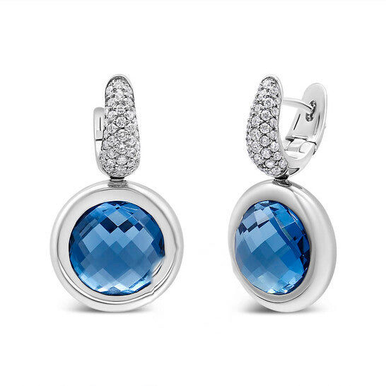 Original Haus of Brilliance 18K White Gold Bezel Set 11mm Blue Topaz and 1/2 Cttw Invisible Set Diamond Bale Dangle Earrings