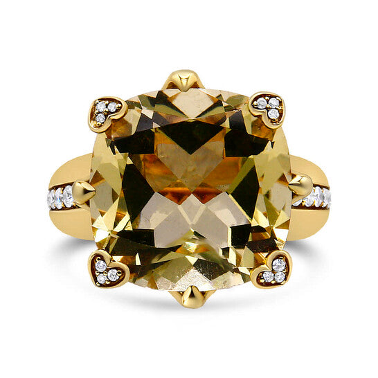 Original Haus of Brilliance 18K Yellow Gold 15x15mm Cushion Cut Lemon Quartz and 1/4 Cttw Diamond Accented Cocktail Ring (F-G, VS1-VS2) - Ring Size 7