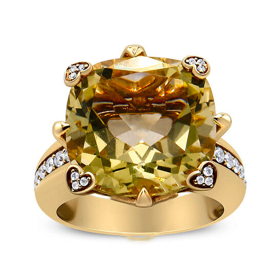 Original Haus of Brilliance 18K Yellow Gold 15x15mm Cushion Cut Lemon Quartz and 1/4 Cttw Diamond Accented Cocktail Ring (F-G, VS1-VS2) - Ring Size 7