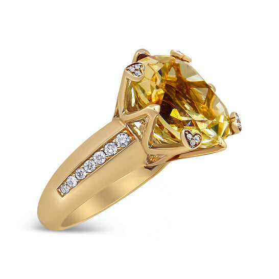 Original Haus of Brilliance 18K Yellow Gold 15x15mm Cushion Cut Lemon Quartz and 1/4 Cttw Diamond Accented Cocktail Ring (F-G, VS1-VS2) - Ring Size 7