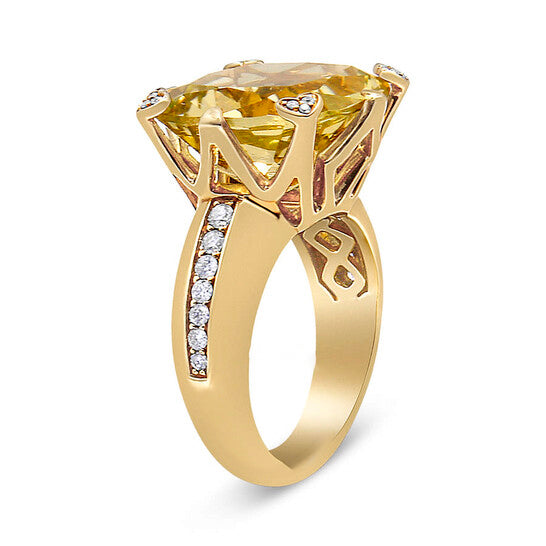 Original Haus of Brilliance 18K Yellow Gold 15x15mm Cushion Cut Lemon Quartz and 1/4 Cttw Diamond Accented Cocktail Ring (F-G, VS1-VS2) - Ring Size 7