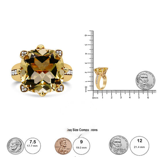 Original Haus of Brilliance 18K Yellow Gold 15x15mm Cushion Cut Lemon Quartz and 1/4 Cttw Diamond Accented Cocktail Ring (F-G, VS1-VS2) - Ring Size 7