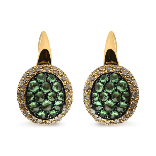 Original Haus of Brilliance 18K Yellow Gold 3 1/2 Cttw Diamond and Round Green Tsavorite Gemstone Round Domed Drop Hoop Earrings