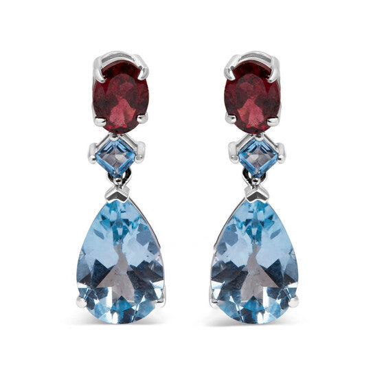 Original Haus of Brilliance .925 Sterling Silver 10.0 Carat Blue Topaz and Grape Rhodolite Garnet Dangle Drop Earrings 1" Inch Dangle Length