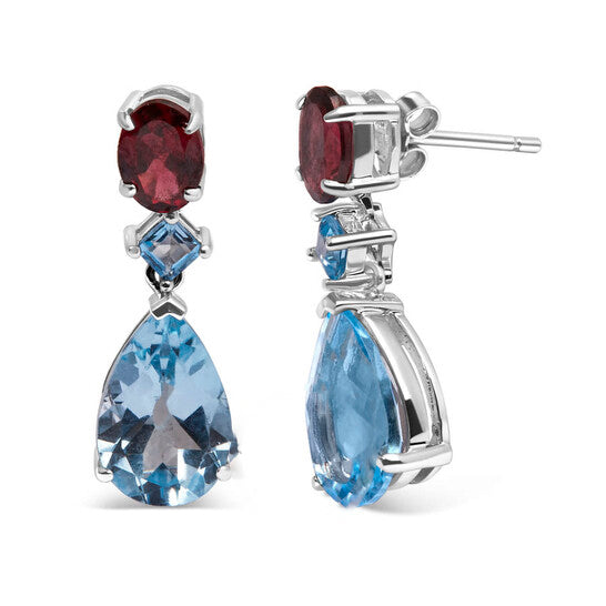 Original Haus of Brilliance .925 Sterling Silver 10.0 Carat Blue Topaz and Grape Rhodolite Garnet Dangle Drop Earrings 1" Inch Dangle Length