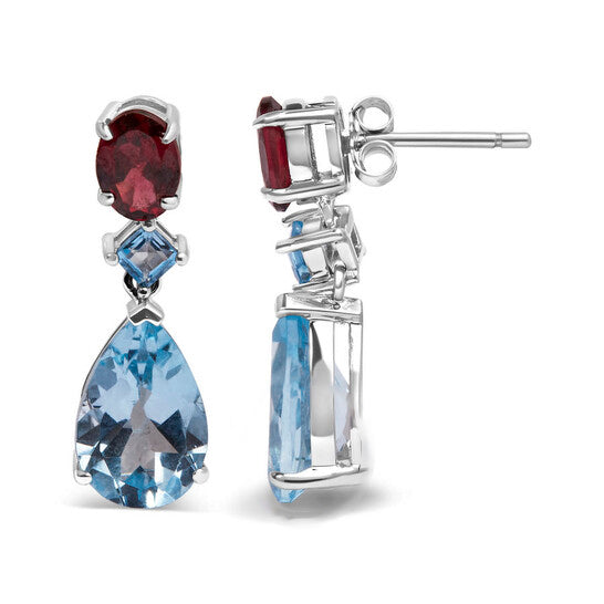 Original Haus of Brilliance .925 Sterling Silver 10.0 Carat Blue Topaz and Grape Rhodolite Garnet Dangle Drop Earrings 1" Inch Dangle Length