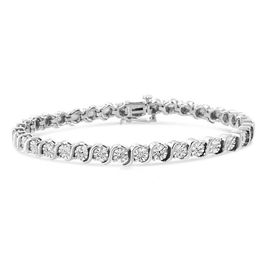 Original Haus of Brilliance .925 Sterling Silver 1/10 Cttw Miracle-Set Diamond Round Miracle Plate "S" Link Tennis Bracelet - 7"