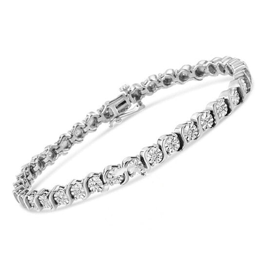 Original Haus of Brilliance .925 Sterling Silver 1/10 Cttw Miracle-Set Diamond Round Miracle Plate "S" Link Tennis Bracelet - 7"