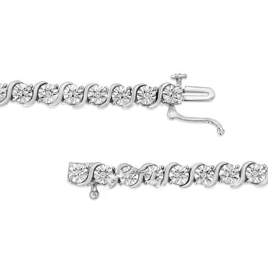 Original Haus of Brilliance .925 Sterling Silver 1/10 Cttw Miracle-Set Diamond Round Miracle Plate "S" Link Tennis Bracelet - 7"